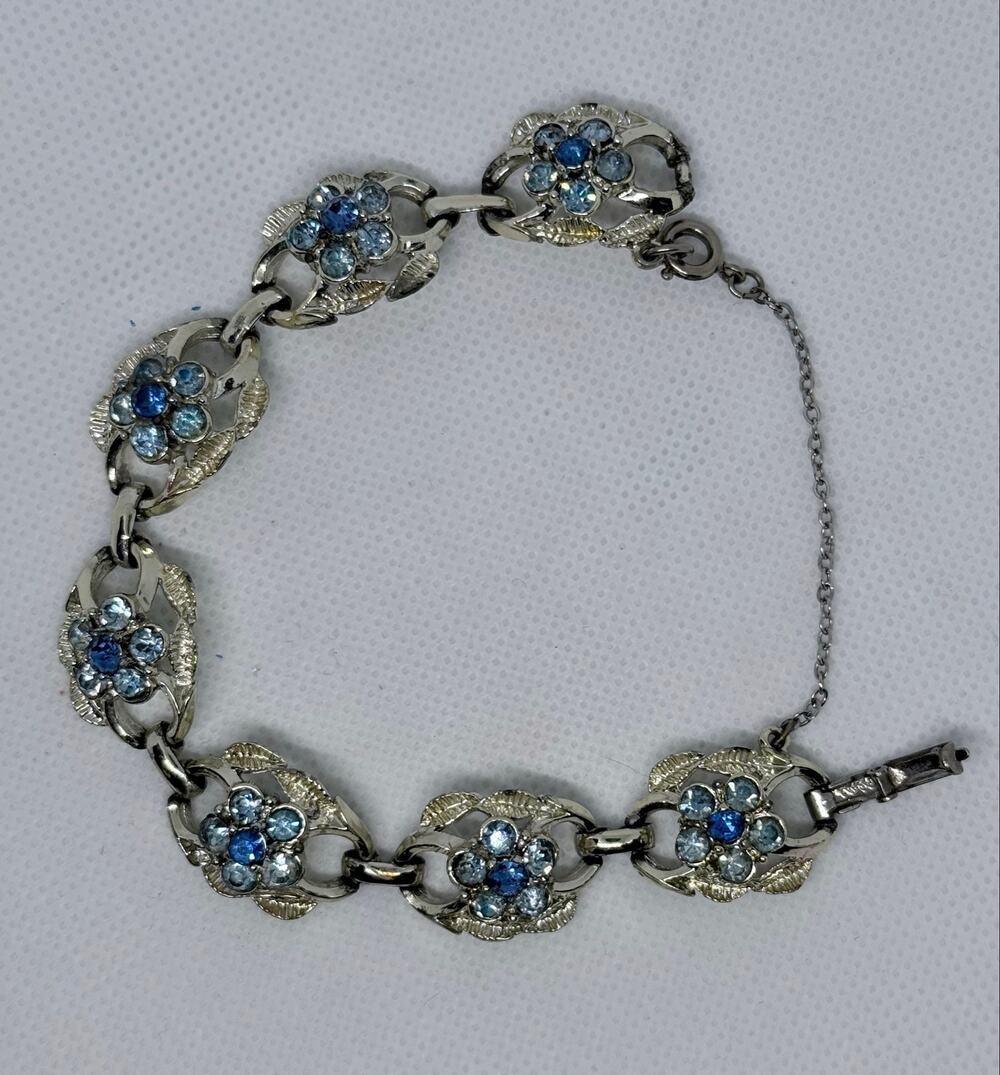 Vintage Coro Blue Rhinestone Floral Link Bracelet Silver Tone Safety Chain